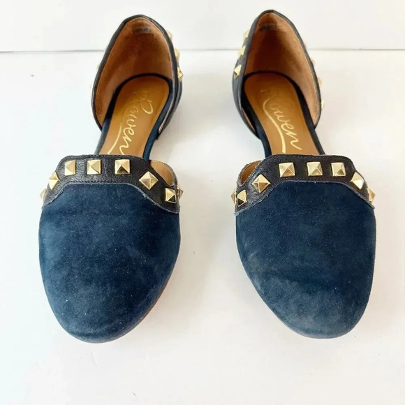 ROWEN Size 8 Blue Suede Gold Studded D'Orsay Flats - Picture 3 of 6